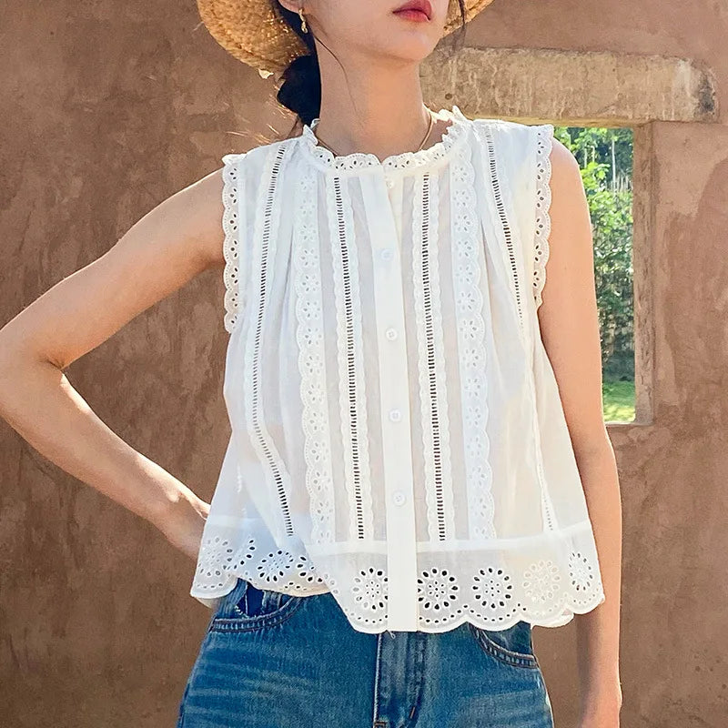 Embroidery Vacation Dress Set French Style Hollow Out Lace Top A-Line Long Skirt
