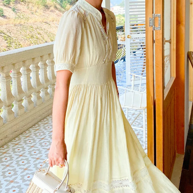 JIAMI Puff-sleeve V-neck Lace Trim White Maxi Dress