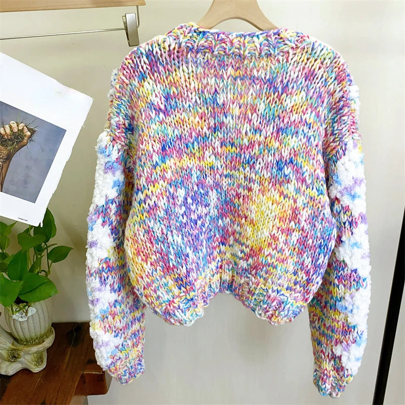 Women Colorful Floral Handknit Warm V-neck Chunky Sweater 2023 Autumn Winter New In Knit Top