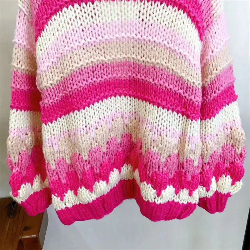 Women Colorful Bohemian Chunky Knit Mohair Sweater Handmade Bulky Cardigan Warm Autumn Winter Woman Clothing