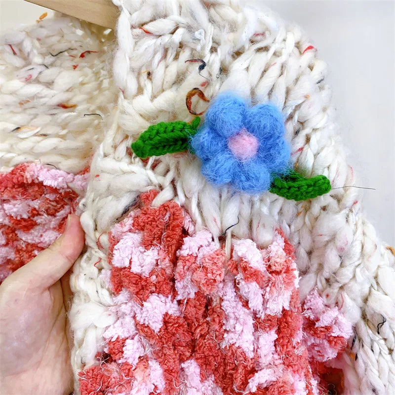 Women Multi Color Floral Handmade Warm Chunky Knit Cardigan Thick Loose Sweater