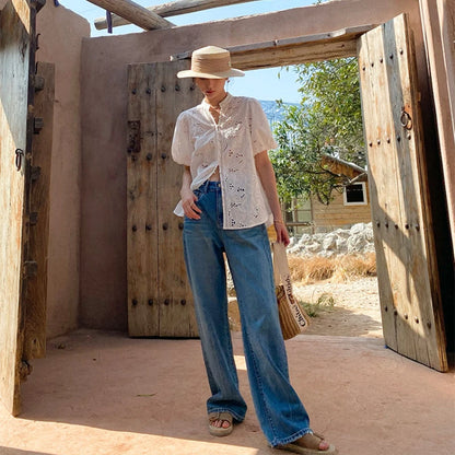 JIAMI Bohemian White Embroidered Hollow Out Cotton Shirt