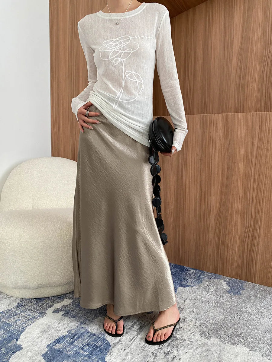 Thick Glossy Satin Midi Skirt Elegant Quiet Luxury Basic High-Waist Skirt or All Seasons