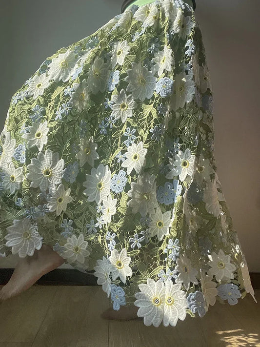 JIAMI Luxury Lace Hollow Embroidery Floral Green Long Skirt