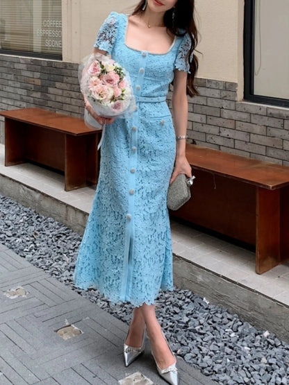JIAMI High Quality Blue Lace Elegant Midi Dress