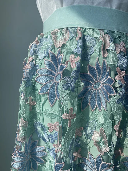 JIAMI Hollow Embroidery Vintage Long Skirt