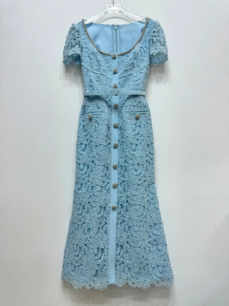 JIAMI High Quality Blue Lace Elegant Midi Dress