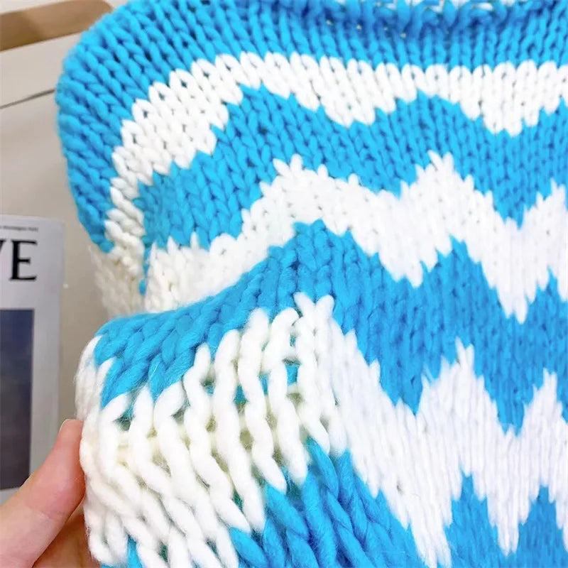 Handmade Plaid Color Block Knit Chunky Sweater Flowers Light Blue Bulky Pullover Jumper Winter Fashion