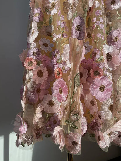 JIAMI Luxury High Waist Floral Pleated Tulle Skirt
