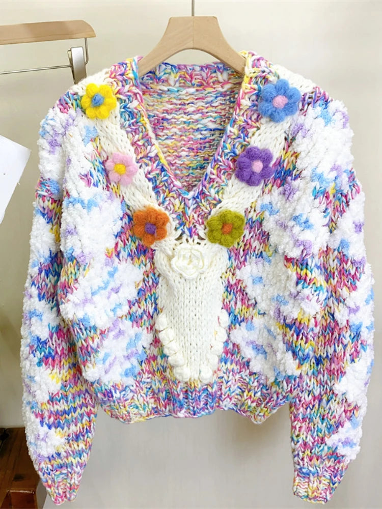 Women Colorful Floral Handknit Warm V-neck Chunky Sweater 2023 Autumn Winter New In Knit Top