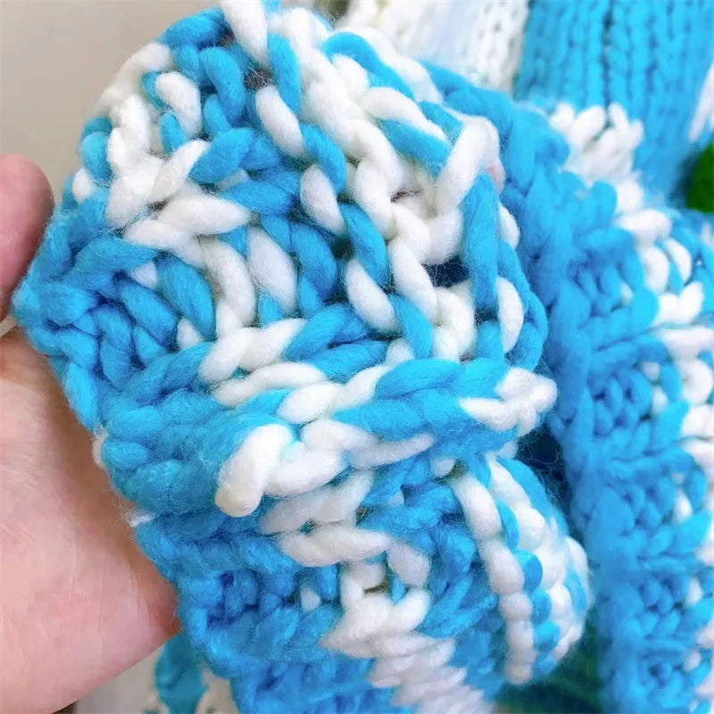Handmade Plaid Color Block Knit Chunky Sweater Flowers Light Blue Bulky Pullover Jumper Winter Fashion