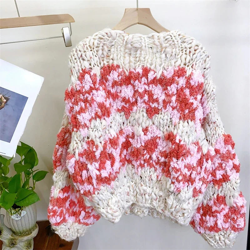 Women Multi Color Floral Handmade Warm Chunky Knit Cardigan Thick Loose Sweater