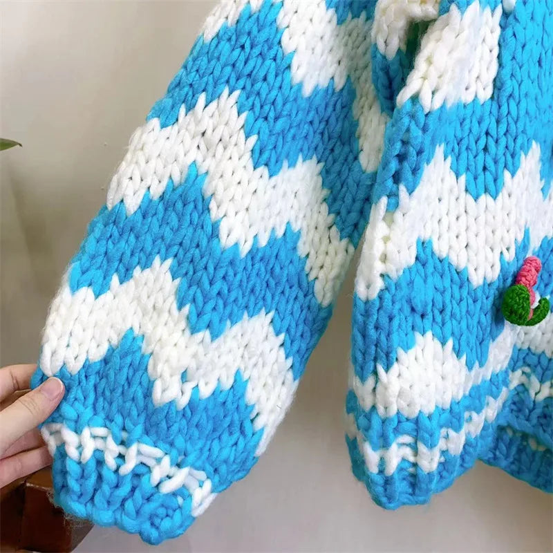 Handmade Plaid Color Block Knit Chunky Sweater Flowers Light Blue Bulky Pullover Jumper Winter Fashion
