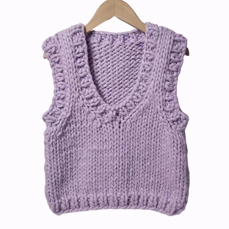 Women Handmade Purple Sweater Vest with Bow Sweater  Chunky Knitwear Sweet Warm Top