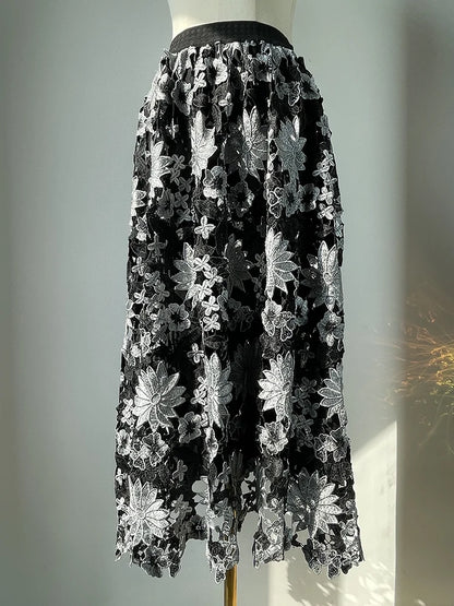 JIAMI Hollow Embroidery Vintage Long Skirt