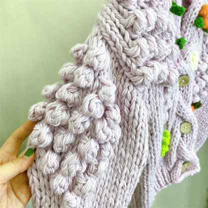 Kalamet Women Hand-Knitted Chunky Cardigan with 3D Flower Twisted Design C6002