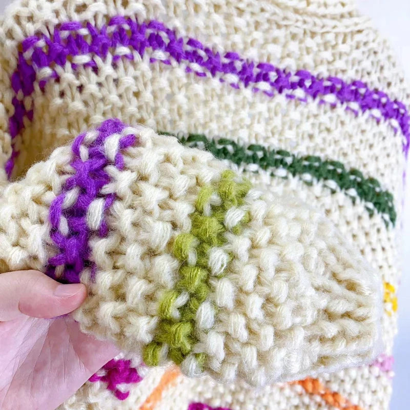 Kalamet Autumn/Winter New in Women Chunky Mohair Cardigan V-neck Rainbow Color Handmade Knit Striped Sweater Bohemian Style