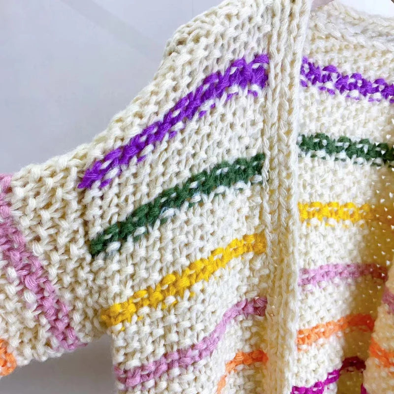 Kalamet Autumn/Winter New in Women Chunky Mohair Cardigan V-neck Rainbow Color Handmade Knit Striped Sweater Bohemian Style