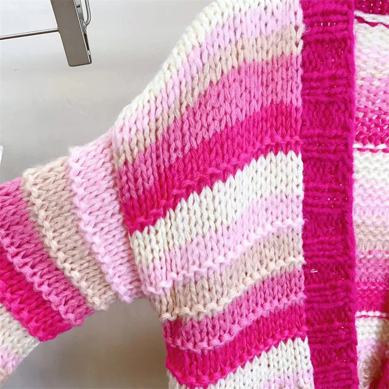 Women Colorful Bohemian Chunky Knit Mohair Sweater Handmade Bulky Cardigan Warm Autumn Winter Woman Clothing