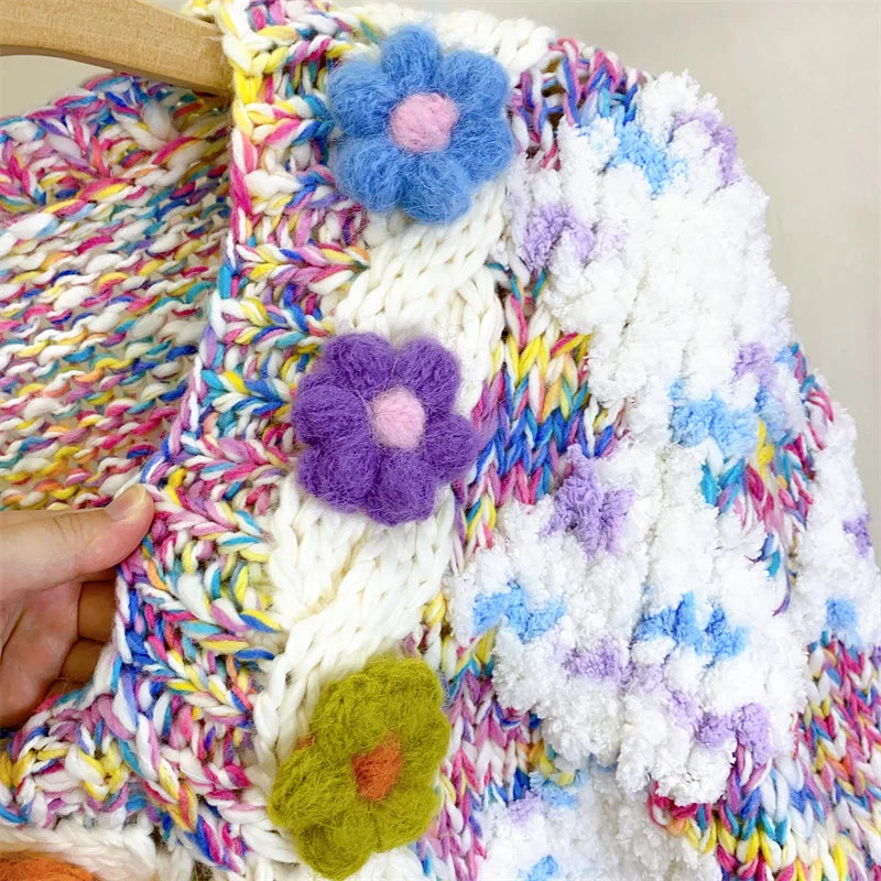 Women Colorful Floral Handknit Warm V-neck Chunky Sweater 2023 Autumn Winter New In Knit Top