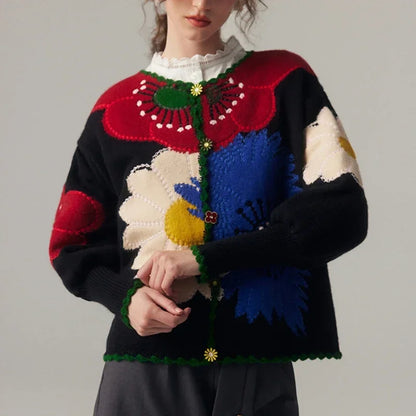 Vintage Flower Embroidery Knitted Cardigan Coat