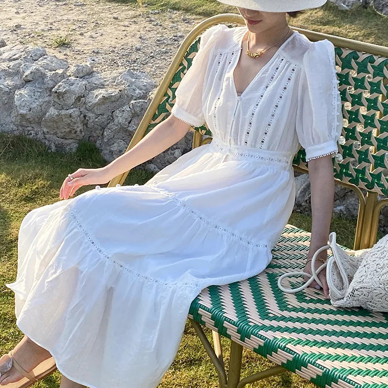 JIAMI White Tiered Lace V-neck Midi Dress