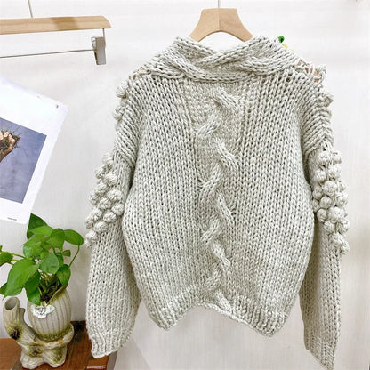 Kalamet Women Hand-Knitted Chunky Cardigan with 3D Flower Twisted Design C6002