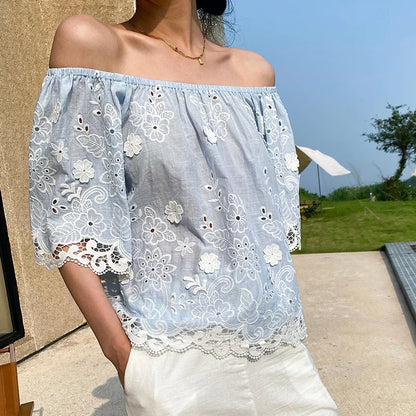 Off The Shoulder Floral Embroidered Boho Blouse