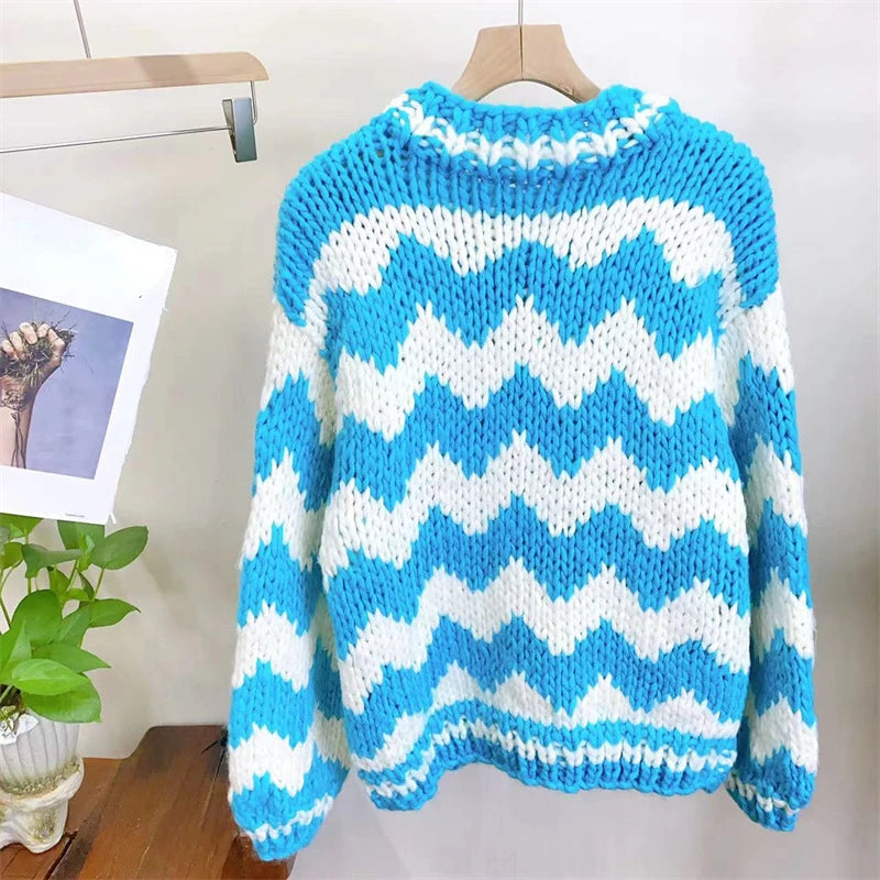 Handmade Plaid Color Block Knit Chunky Sweater Flowers Light Blue Bulky Pullover Jumper Winter Fashion