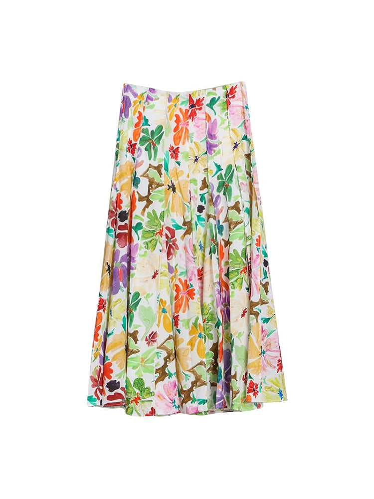JIAMI Women Floral Print High Waist Pleated A-line Slim Fit Midi Skirt