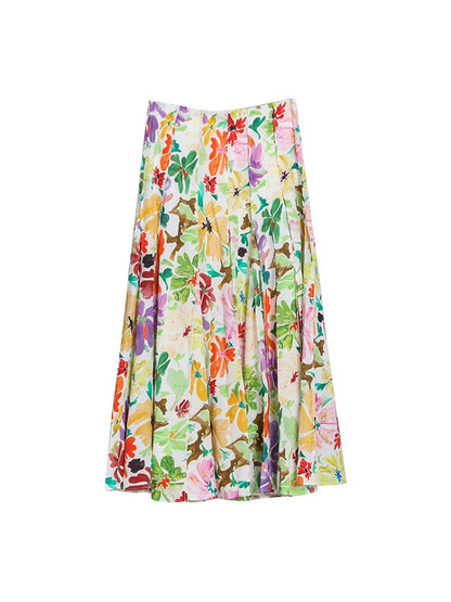 JIAMI Women Floral Print High Waist Pleated A-line Slim Fit Midi Skirt