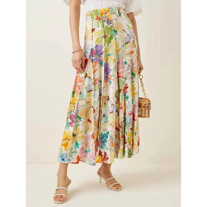 JIAMI Women Floral Print High Waist Pleated A-line Slim Fit Midi Skirt