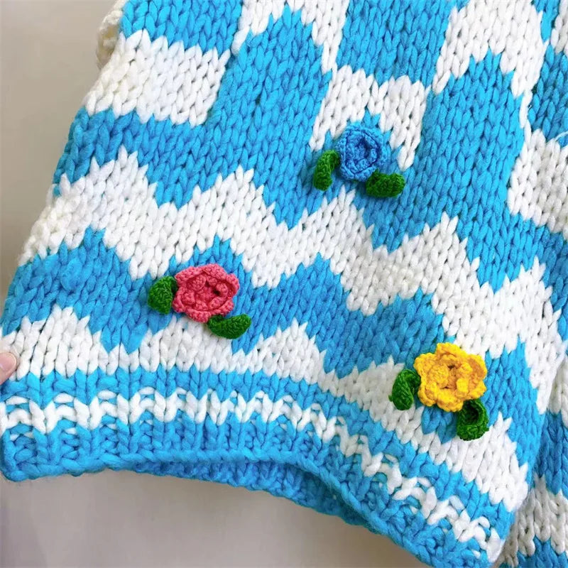 Handmade Plaid Color Block Knit Chunky Sweater Flowers Light Blue Bulky Pullover Jumper Winter Fashion