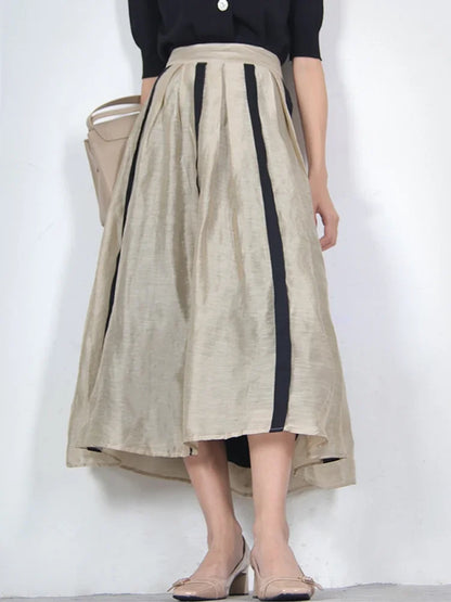 JIAMI A-LINE Pleated Striped Linen Blended Skirt
