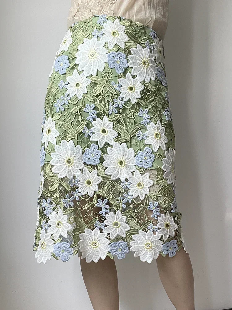 JIAMI Floral-Embroidered Lace Green Pencil Skirts