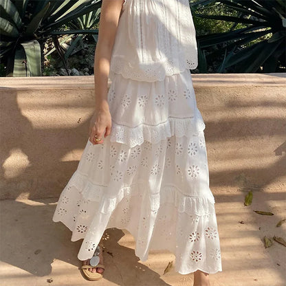 Embroidery Vacation Dress Set French Style Hollow Out Lace Top A-Line Long Skirt