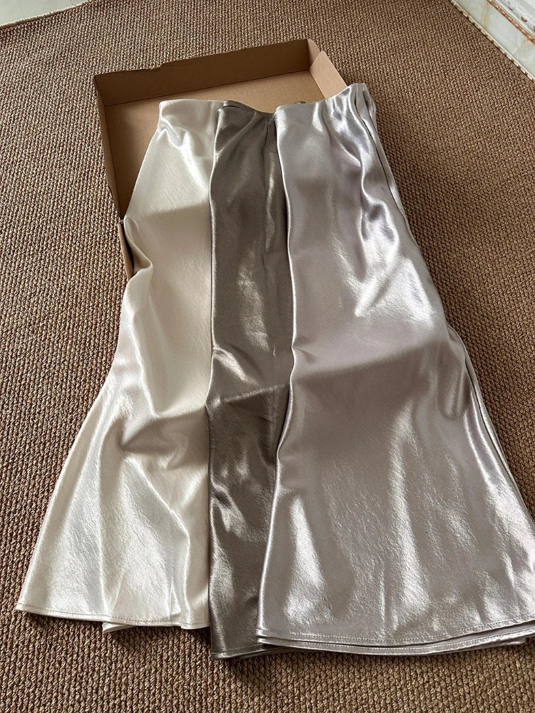 Thick Glossy Satin Midi Skirt Elegant Quiet Luxury Basic High-Waist Skirt or All Seasons