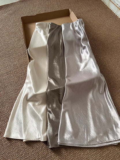 Thick Glossy Satin Midi Skirt Elegant Quiet Luxury Basic High-Waist Skirt or All Seasons