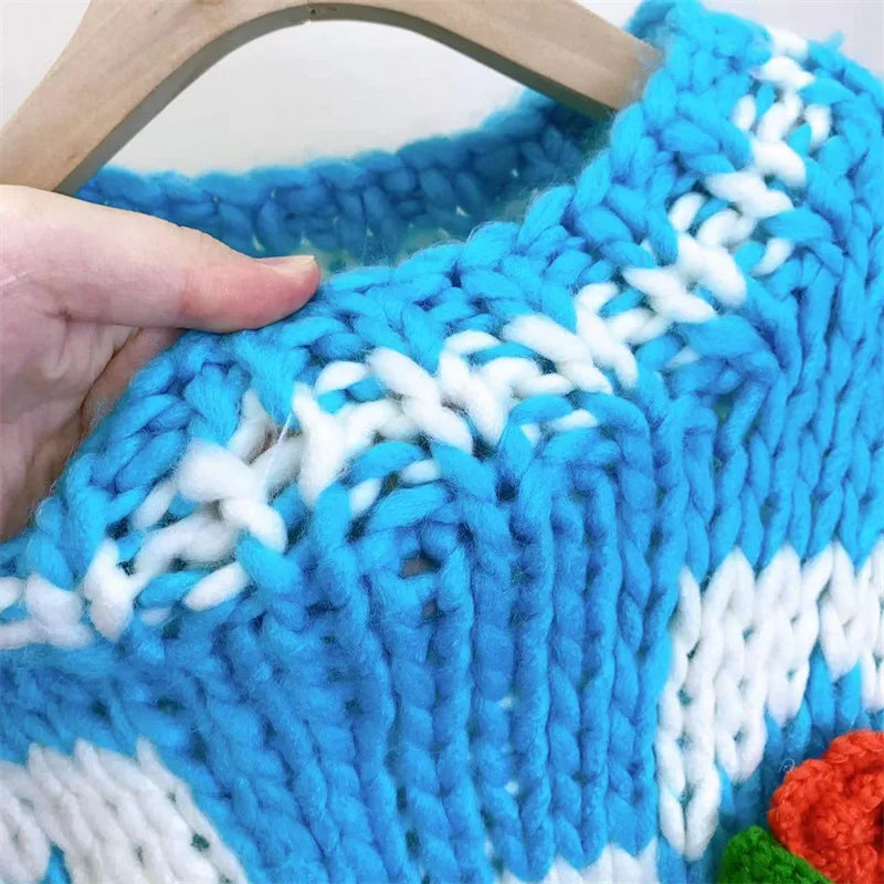 Handmade Plaid Color Block Knit Chunky Sweater Flowers Light Blue Bulky Pullover Jumper Winter Fashion