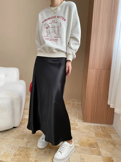 Thick Glossy Satin Midi Skirt Elegant Quiet Luxury Basic High-Waist Skirt or All Seasons