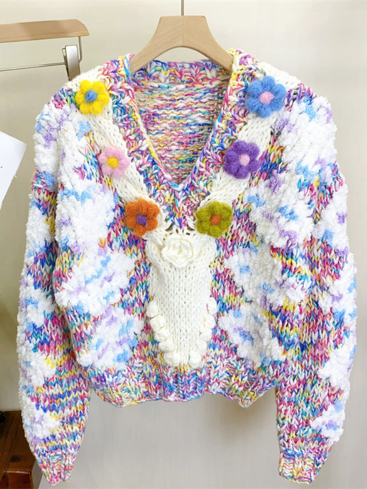 Women Colorful Floral Handknit Warm V-neck Chunky Sweater 2023 Autumn Winter New In Knit Top