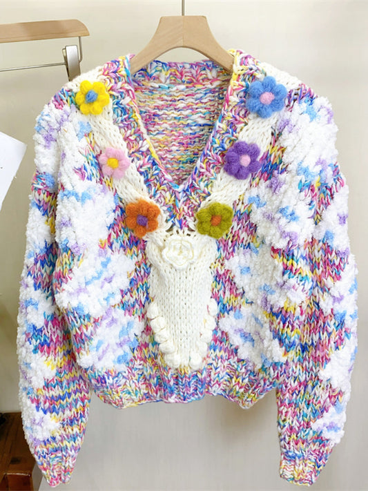 Women Colorful Floral Handknit Warm V-neck Chunky Sweater 2023 Autumn Winter New In Knit Top