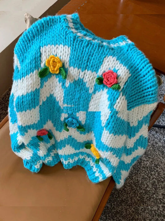 Handmade Plaid Color Block Knit Chunky Sweater Flowers Light Blue Bulky Pullover Jumper Winter Fashion