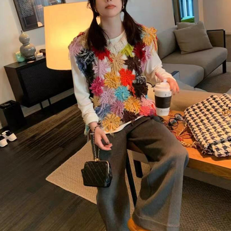 Handmade Crochet Floral v-neck Vest 2024 Women Niche Design Chic Hollow-out Colorful Sweater Outfit  Women Clothes