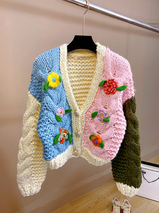 Kalamet Women Handmade Floral Multicolor Chunky Cardigan Sweet Winter Sweater Knit Top Women Clothes