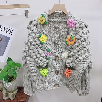 Kalamet Women Hand-Knitted Chunky Cardigan with 3D Flower Twisted Design C6002
